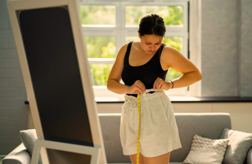 Woman measuring her waist. Healthy Weight Loss. Weight Loss Hypnotherapy Brisbane. Brisbane Livewell Clinic