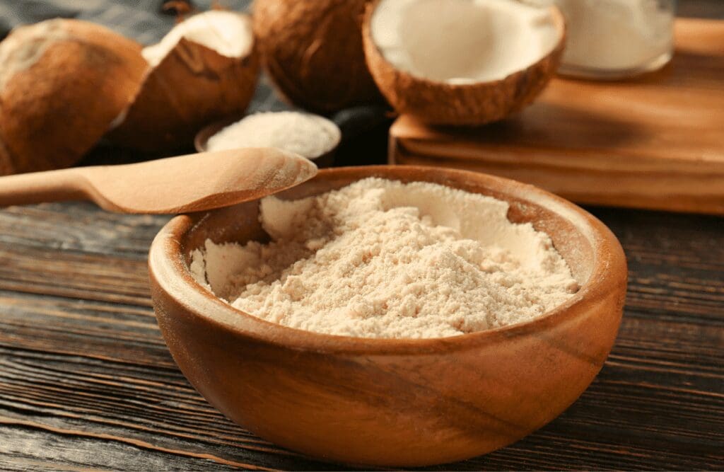 Coconut flour on wooden bowl. Fibre. Brisbane Livewell Clinic