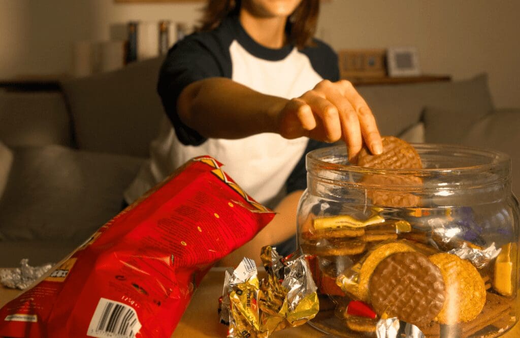 Woman getting chocolate biscuit from the jar. Binge eating. Brisbane Livewell Clinic