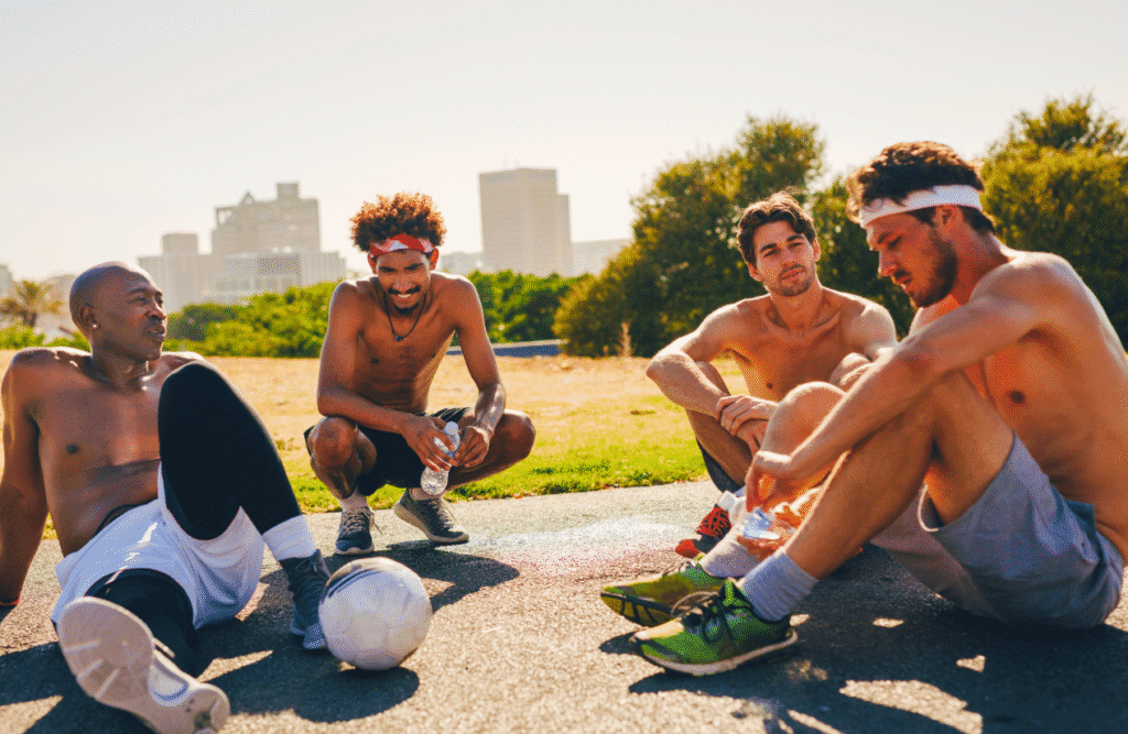 Four young men sitting on the ground. Men's Health Supplements. Hypnosis for Weight Loss. Osteopath Camp Hill. Osteopath Seven Hills. Brisbane Livewell Clinic