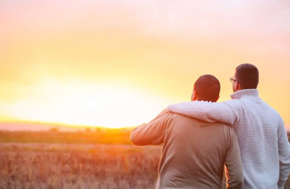 Two men standing in a field watching sunset. Victims Services Counselling. Best Counsellor Brisbane. Counselling Clayfield. Brisbane Livewell Clinic