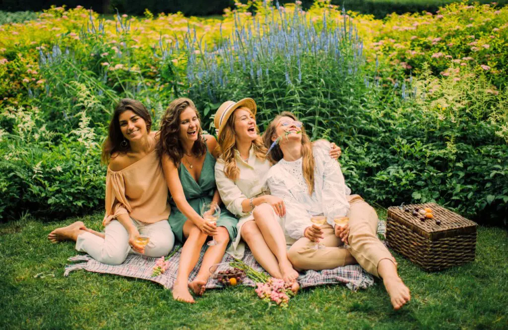 Four friends sitting next to each other on a picnic blanket. Counselling Kedron. Counselling for Adults Who Are Tired of Pretending. Brisbane Livewell Clinic